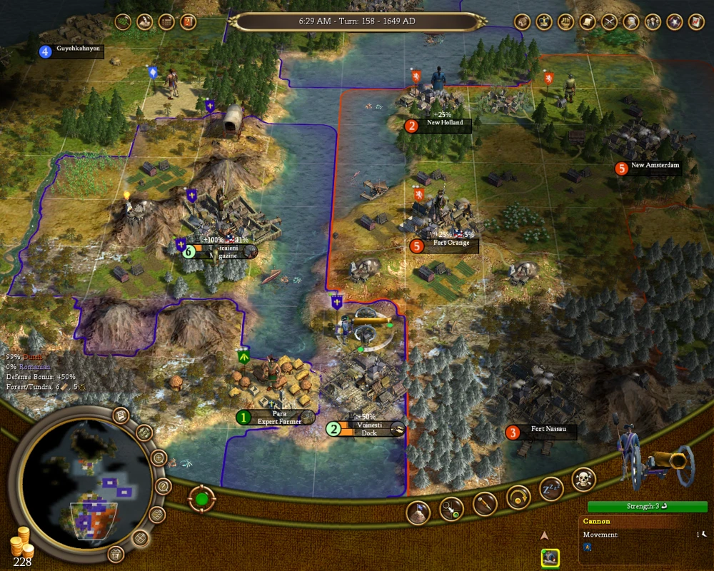 Zrzut ekranu gry pokazujący wiele miast, jednostek i terenu na strategicznej mapie Civilization IV Colonization