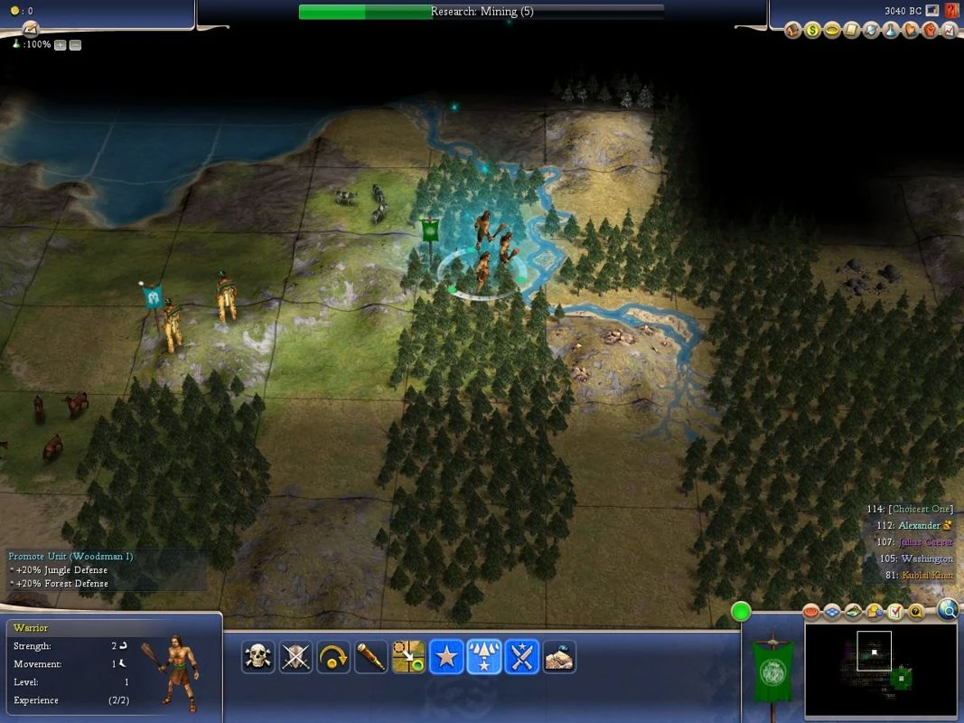 Zrzut ekranu z gry pokazujący jednostki wojowników eksplorujących las i rzekę w Civilization IV z widocznym postępem badań