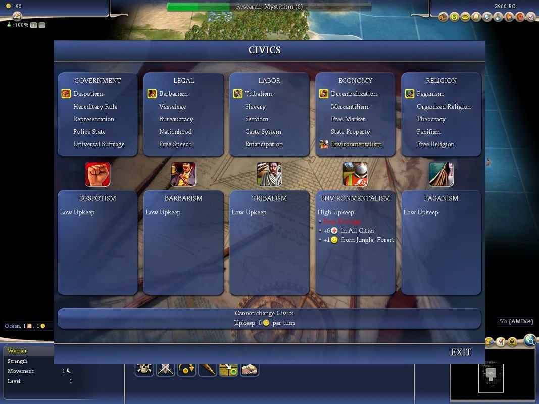 Ekran obywatelskich polityk pokazujący opcje rządu, prawa, pracy, gospodarki i religii w Civilization IV