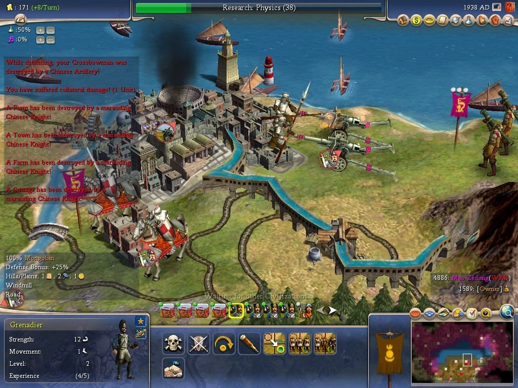 Zrzut ekranu gry pokazujący średniowiecznych rycerzy i artylerię oblężającą miasto z wodą i mostami w Civilization IV
