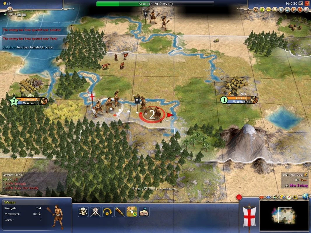 Zrzut ekranu Civilization IV 2005 pokazujący wojowników z Londynu i Yorku walczących przy rzekach i lasach