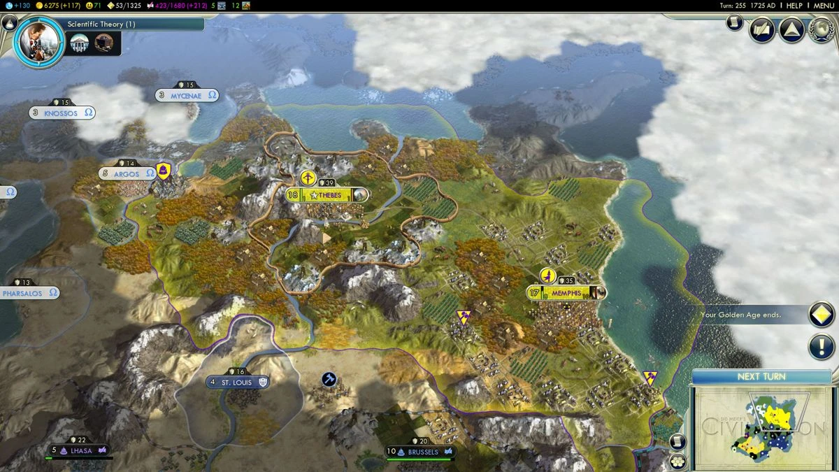 Captura de pantalla de Civilization V mostrando ciudades como Tebas y Memphis en un terreno variado con ríos y montañas