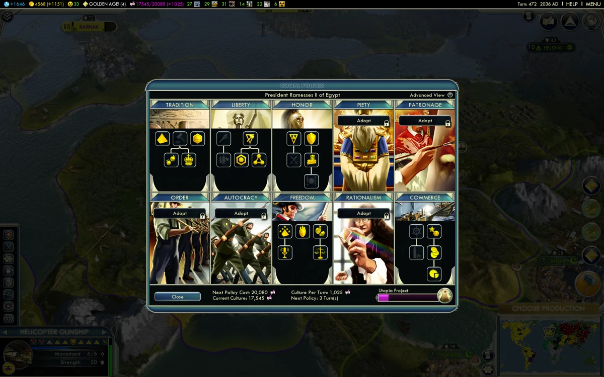 Interfaz del juego que muestra políticas sociales para Tradición, Libertad, Honor, Piedad, Patrocinio y otras en Civilization V con Ramsés II