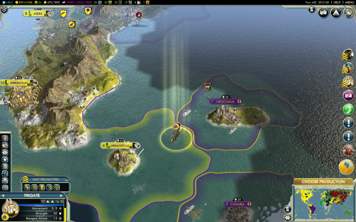 Captura de Civilization V mostrando una fragata cerca de islas con ciudades Hermópolis, Viroconium y Cesarea