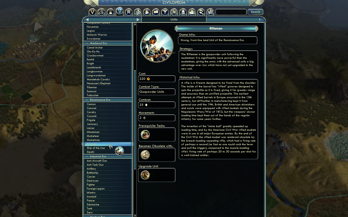 Pantalla de Civipedia en juego que describe estadísticas, historia y estrategia del Fusilero de la Era del Renacimiento