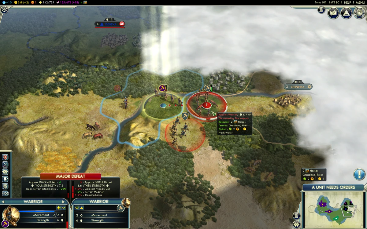 Captura de pantalla del juego Civilization V mostrando batalla entre unidades guerreras cerca de la ciudad de Ginebra y pueblo Osininka