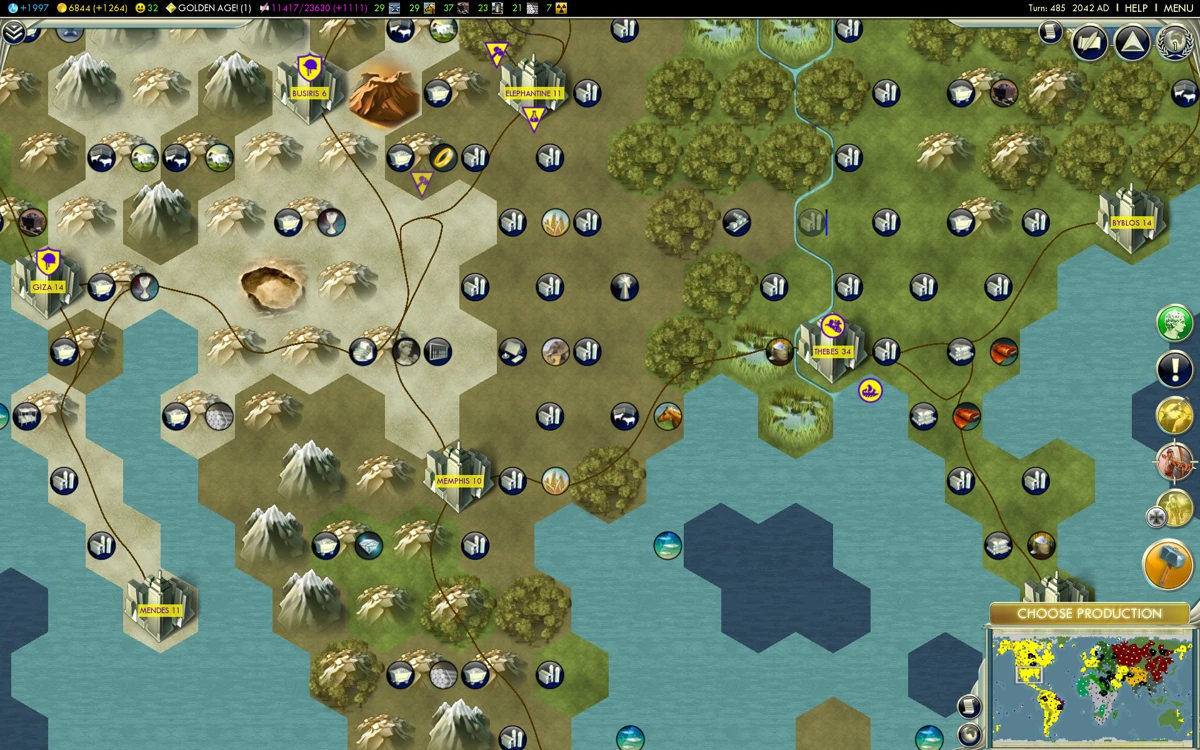 Captura de pantalla de Civilization V mostrando ciudades, caminos, tipos de terreno e iconos de recursos en mapa hexagonal