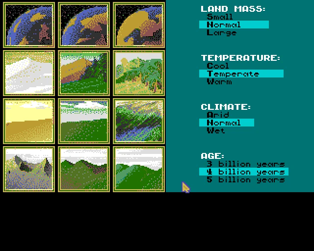 Captura de pantalla de Sid Meier's Civilization 1991 mostrando doce vistas previas de terreno con opciones para masa terrestre, temperatura, clima y edad
