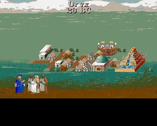 Vista pixelada de ciudad con varios edificios y trabajadores con túnicas azules y blancas en Sid Meier's Civilization 1991