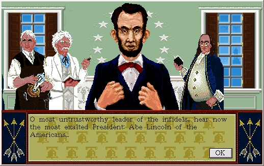 Captura de pantalla del juego con el presidente Abe Lincoln y asesores con diálogo en Sid Meier's Civilization 1991