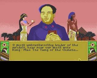 Captura de pantalla con retrato de Mao Tse Tung y texto del juego en Sid Meier's Civilization 1991
