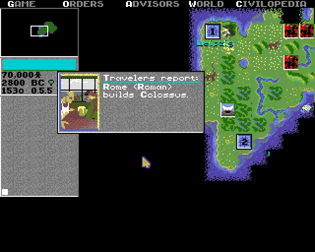 Captura de pantalla de Civilization 1991 mostrando a Roma construyendo la maravilla Coloso en el mapa mundial