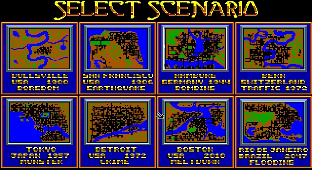 Pantalla de selección con ocho mapas históricos de ciudades y eventos importantes en el juego SimCity 1989