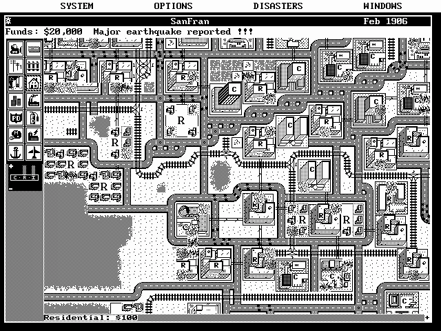 Pantalla en blanco y negro de SimCity 1989 con edificios y carreteras tras un gran terremoto