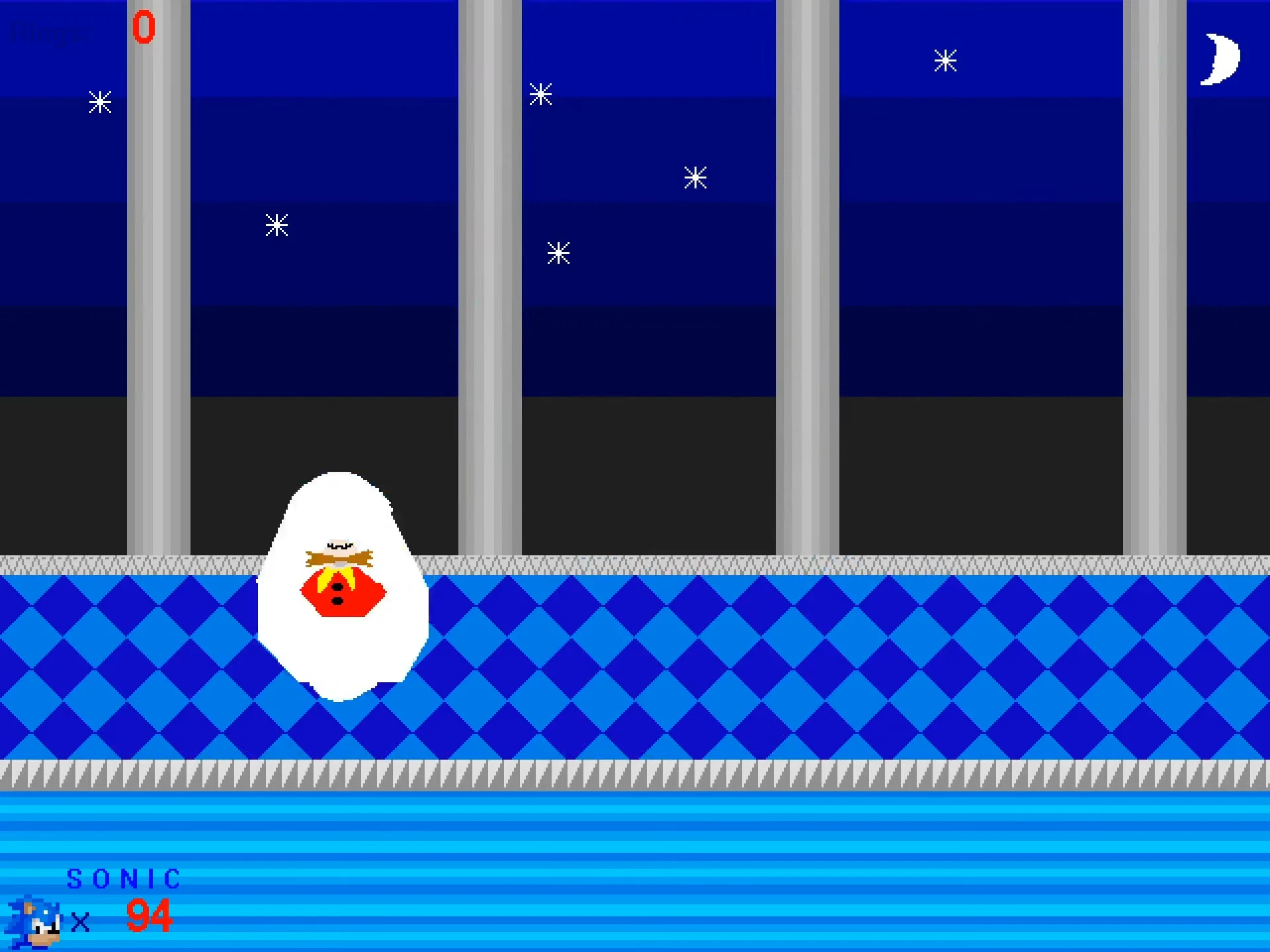 Pixel art style scene from Sonic Robo Blast 1998 game showing Eggman inside a white egg with blue patterned floor and night sky