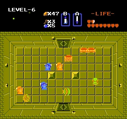 Captura de pantalla de The Legend of Zelda 1987 con Link en la mazmorra nivel 6 luchando contra varios enemigos