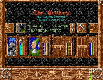 Экран выбора миссии в игре The Settlers 1993 с портретами персонажей, вводом пароля и кнопкой старта
