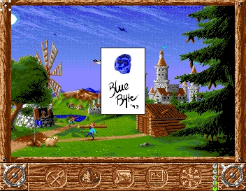 Экран игры The Settlers 1993 с деревней, ветряной мельницей, домами, животными и замком на заднем плане