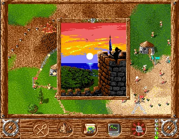 Скриншот башни замка с солдатом на фоне заката в интерфейсе игры The Settlers 1993