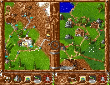 Классическая игра The Settlers 1993 года с разделённой картой, показывающей поселения, дороги, здания и реки