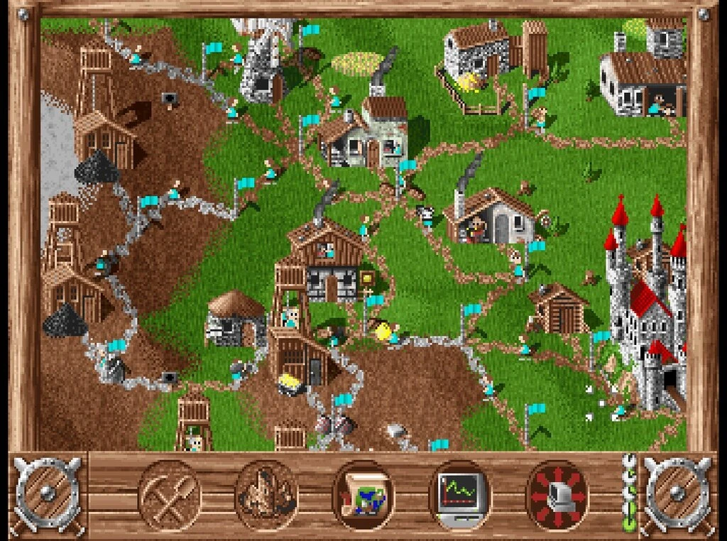 Экран игры The Settlers 1993 с деревней, зданиями, дорогами, поселенцами и ресурсами