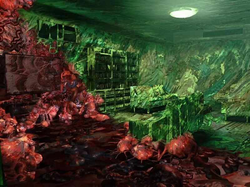 Vista interior de una habitación con crecimientos orgánicos rojos y verdes grotescos cubriendo muebles y paredes en The Song of Saya
