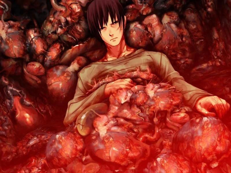 Hombre estilo anime acostado entre una pila de carne grotesca y órganos en un ambiente rojo oscuro de The Song of Saya