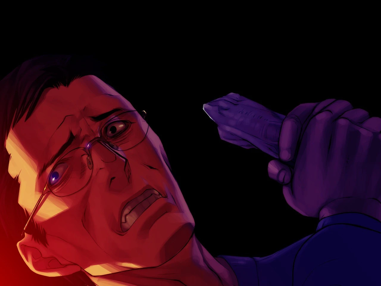 Hombre aterrorizado con gafas sosteniendo un arma oscura sobre fondo negro en The Song of Saya