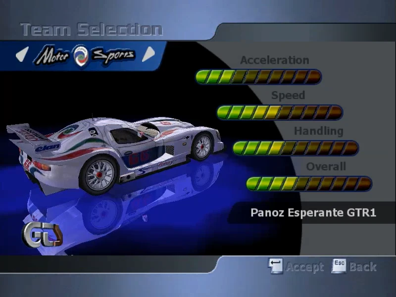 Screenshot des Team-Auswahlmenüs in Total Immersion Racing mit dem Panoz Esperante GTR1 und Leistungswerten für Beschleunigung, Geschwindigkeit, Handling und Gesamtbewertung.
