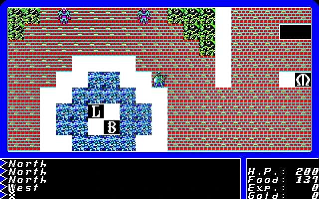 Vista cenital en pixel art de camino de ladrillos con fuente azul en el centro y estadísticas de personaje en Ultima II 1987