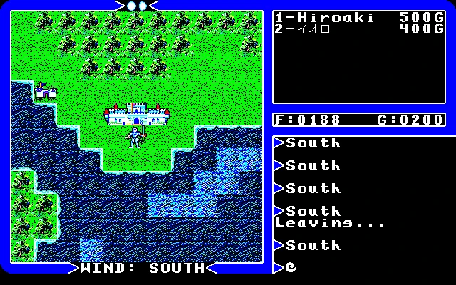 Mapa retro pixelado mostrando personaje junto a un castillo cerca del océano en Ultima IV