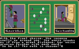 Captura de pantalla de Ultima IV con jugador junto a gitana hablando sobre conchas de incienso de elección final