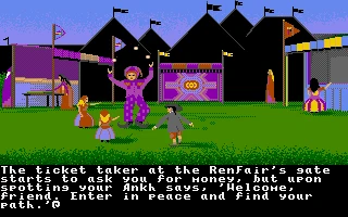 Escena pixelada mostrando la puerta de RenFair con un taquillero pidiendo dinero al jugador en Ultima IV