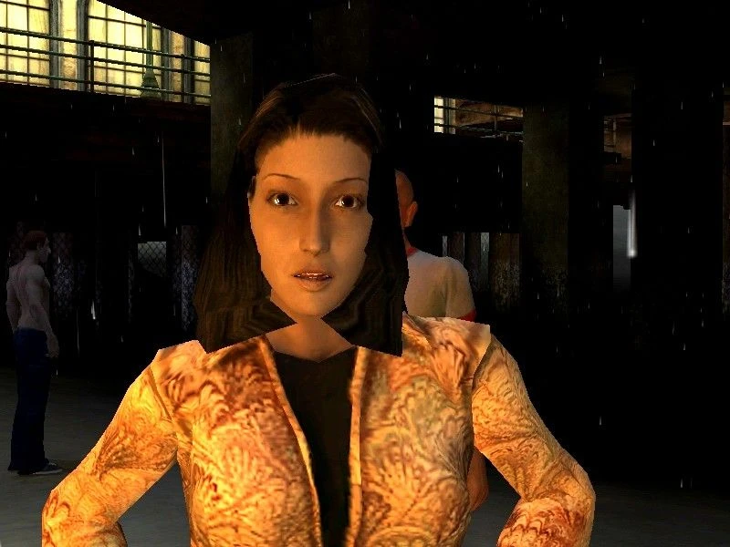 Weibliche Figur mit gemustertem Jackett steht in dunkler Umgebung in Vampire The Masquerade Bloodlines