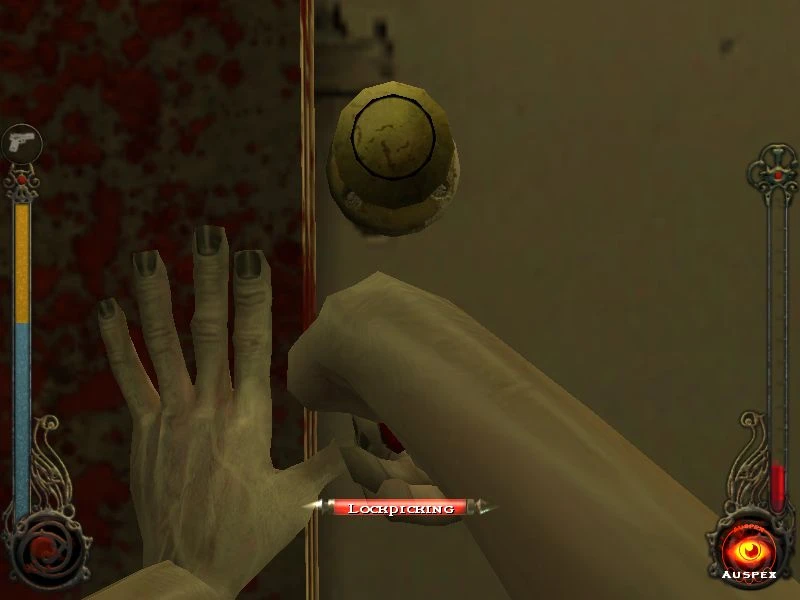 Erste-Person-Perspektive beim Aufsperren eines Türknaufs in Vampire The Masquerade Bloodlines 2004