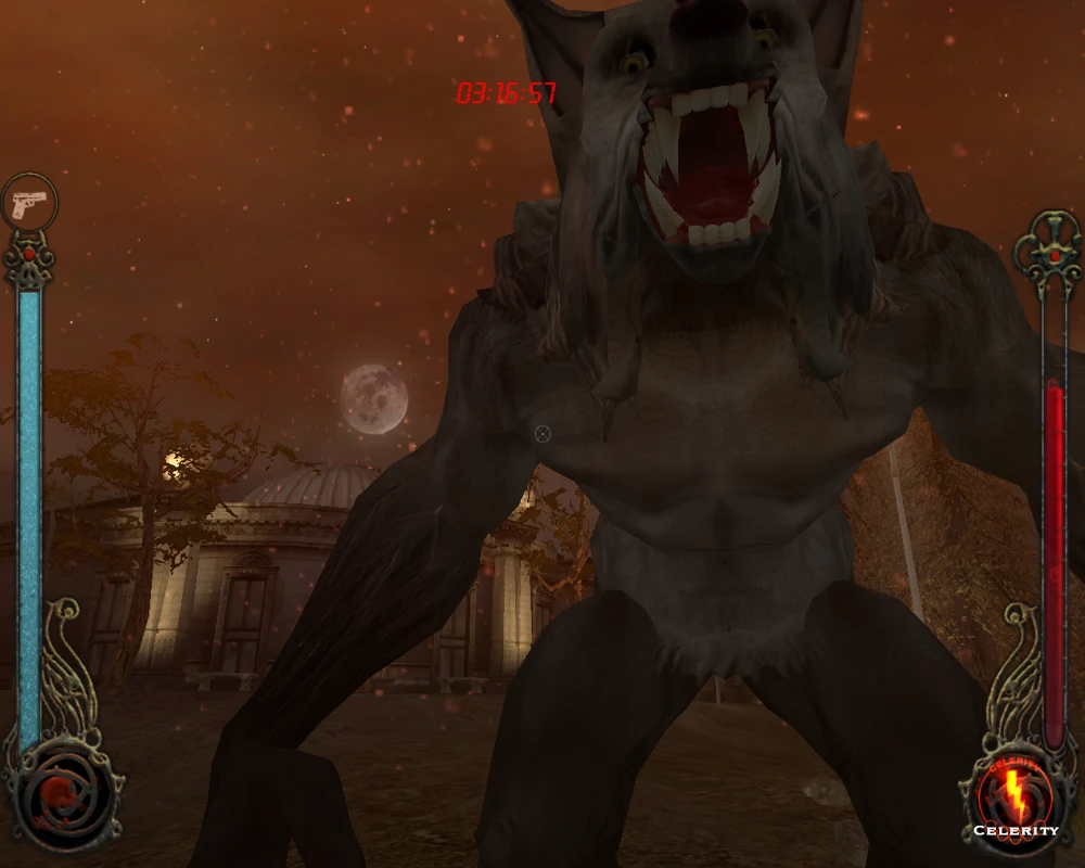 Nahaufnahme einer monströsen Werwolf-Kreatur, die nachts gegen einen dunklen Himmel in Vampire The Masquerade Bloodlines 2004 brüllt