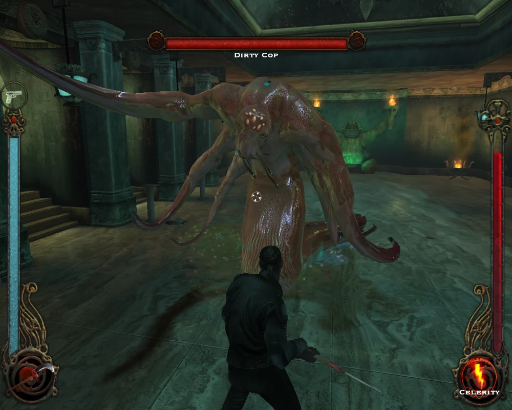 Spielercharakter kämpft gegen große tentakelartige Bosskreatur Dirty Cop in einem Dungeonraum in Vampire The Masquerade - Bloodlines