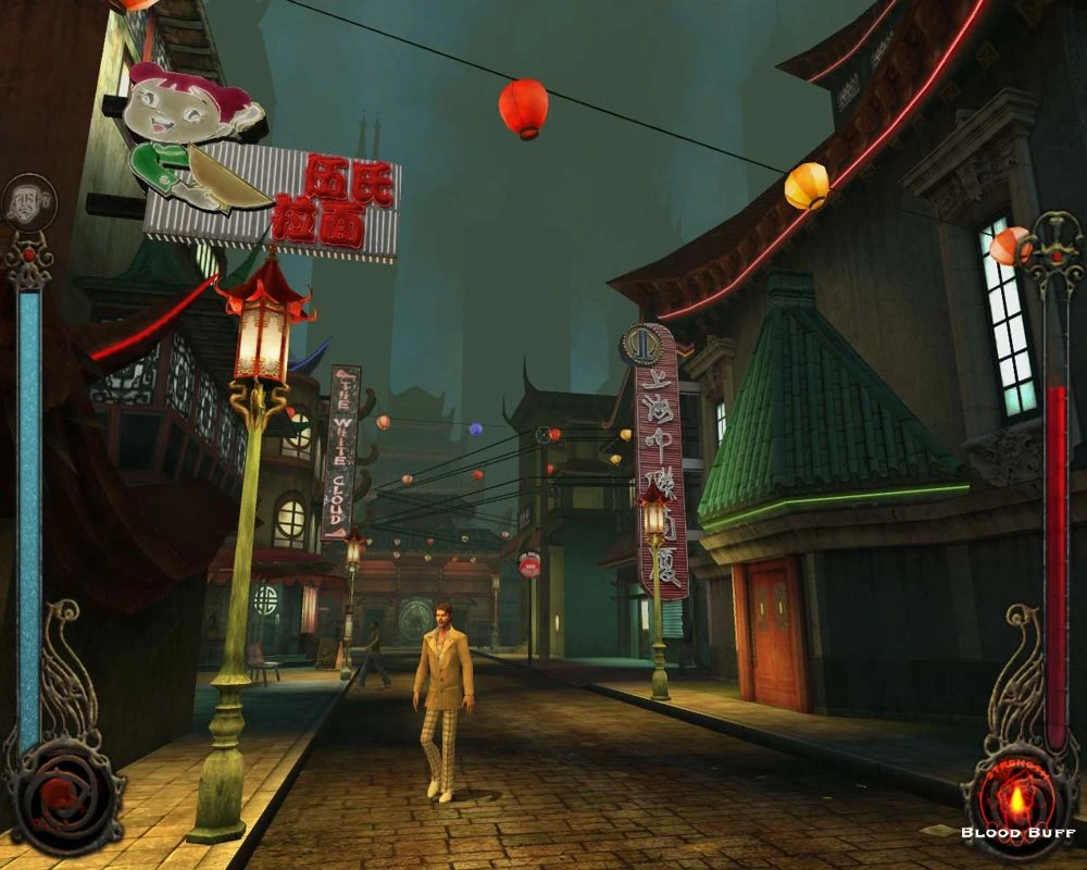 Spielercharakter läuft durch eine schwach beleuchtete asiatische Straße mit traditionellen Laternen in Vampire The Masquerade Bloodlines