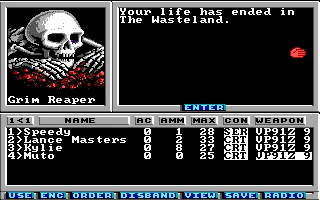 Pantalla de fin de juego de Wasteland 1988 con gráfica de calavera de la Parca y lista de miembros del grupo con estadísticas