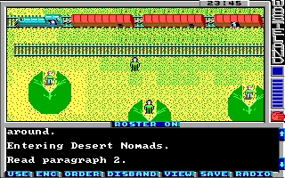 Vista desde arriba de personajes cerca de ferrocarril y campo verde entrando al área de Nómadas del Desierto en Wasteland 1988