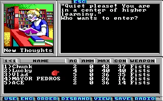 Captura de pantalla de Wasteland 1988 mostrando estadísticas de personajes y cuadro de diálogo en interfaz retro