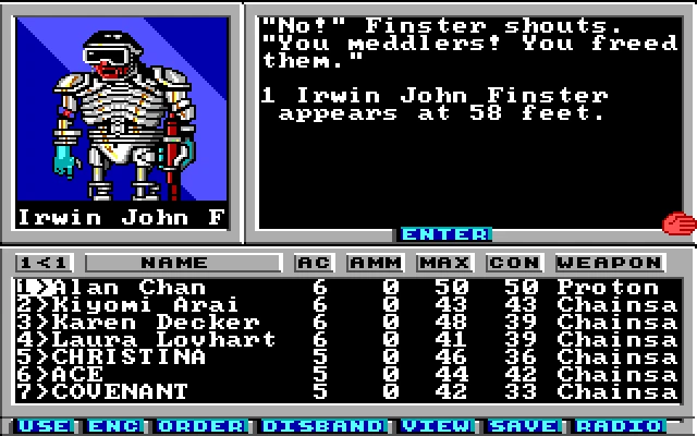 Captura de pantalla de Wasteland 1988 mostrando al personaje Irwin John Finster y diálogo de texto del juego