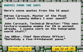 Captura de pantalla de página de texto con citas de desarrolladores de Id Software incluyendo Adrian Carmack y John Carmack