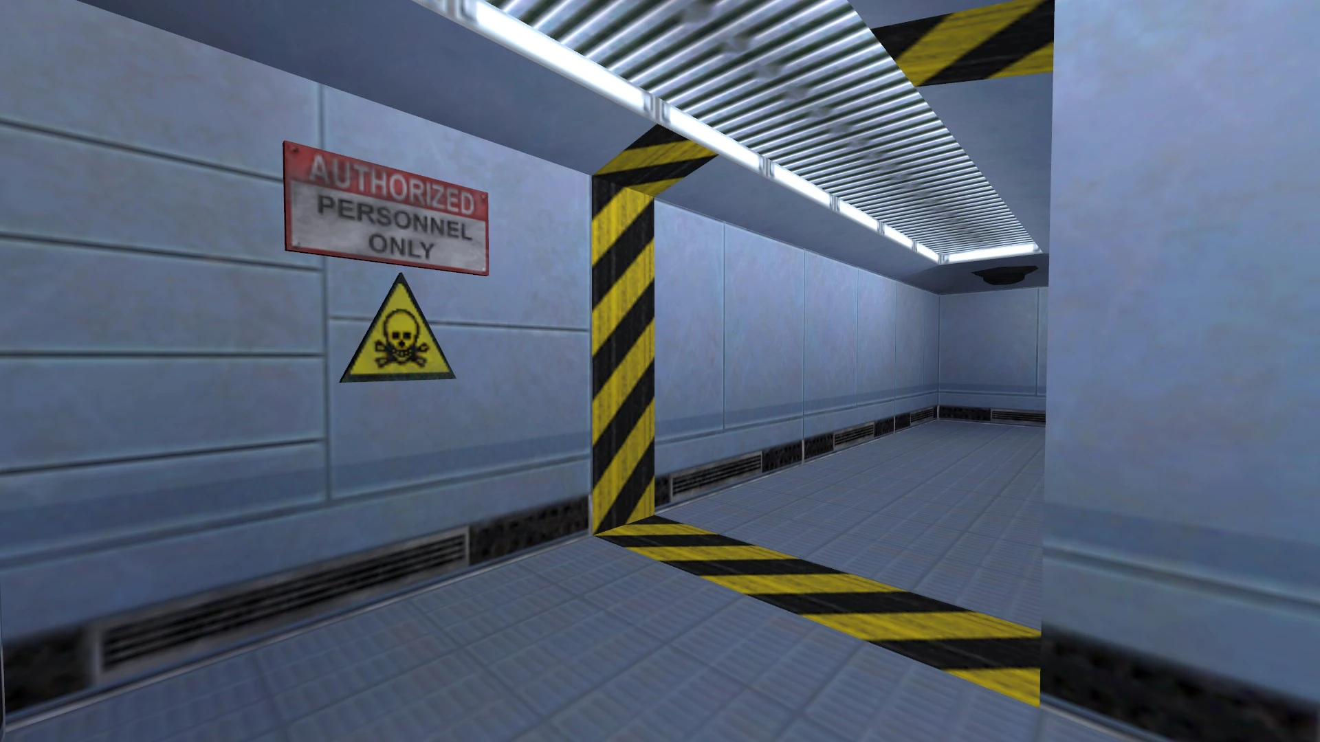 Vista de un pasillo estéril con señal de peligro tóxico y advertencia para personal autorizado en Half-Life 1998