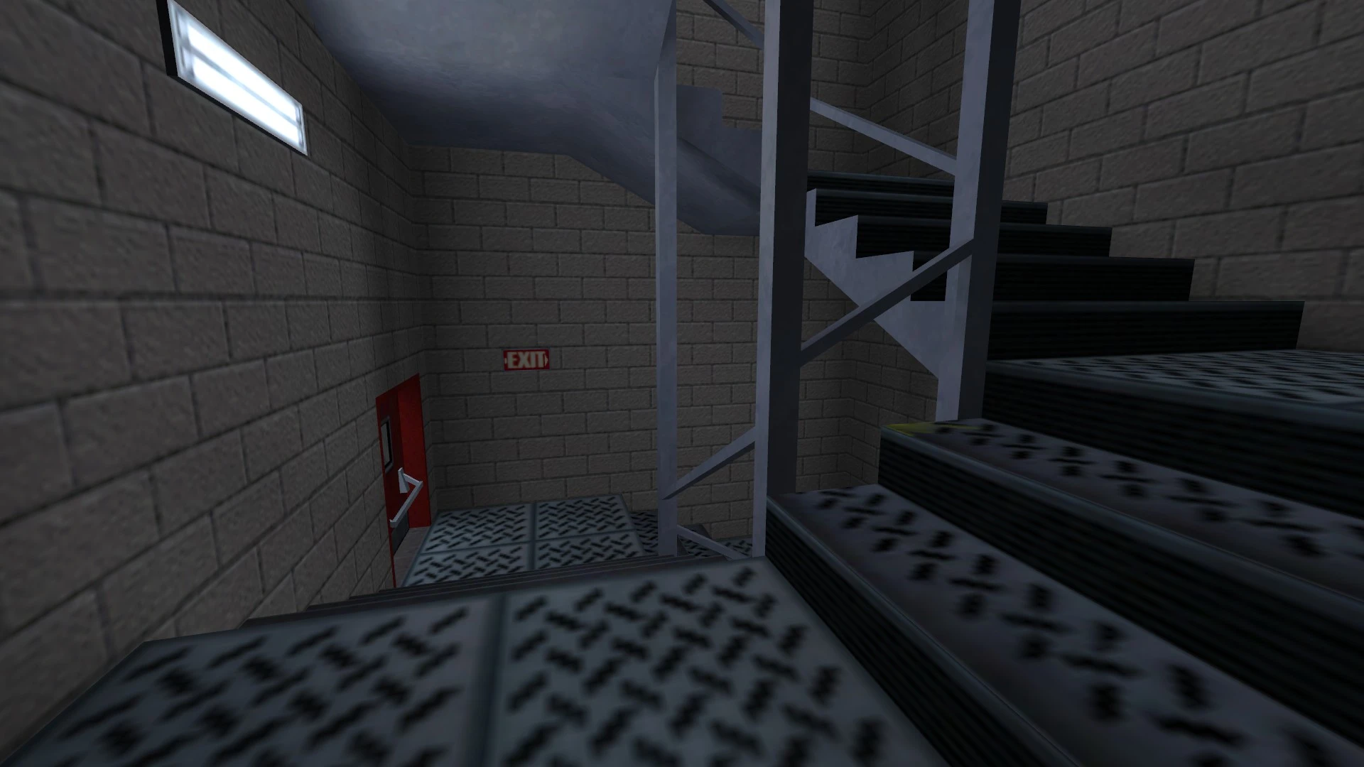 Vista de escalera metálica con paredes de ladrillo y puerta de salida roja bajo luz blanca en Half-Life 1998