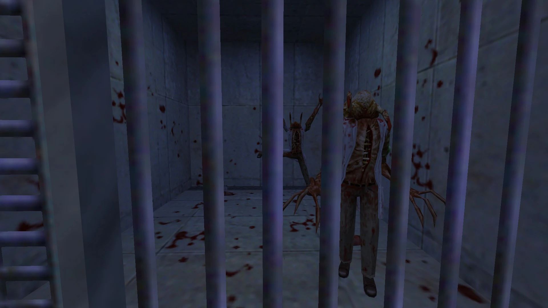 Zombis con cabeza de cangrejo y salpicaduras de sangre tras los barrotes en celda de concreto del addon Half-Life 1998