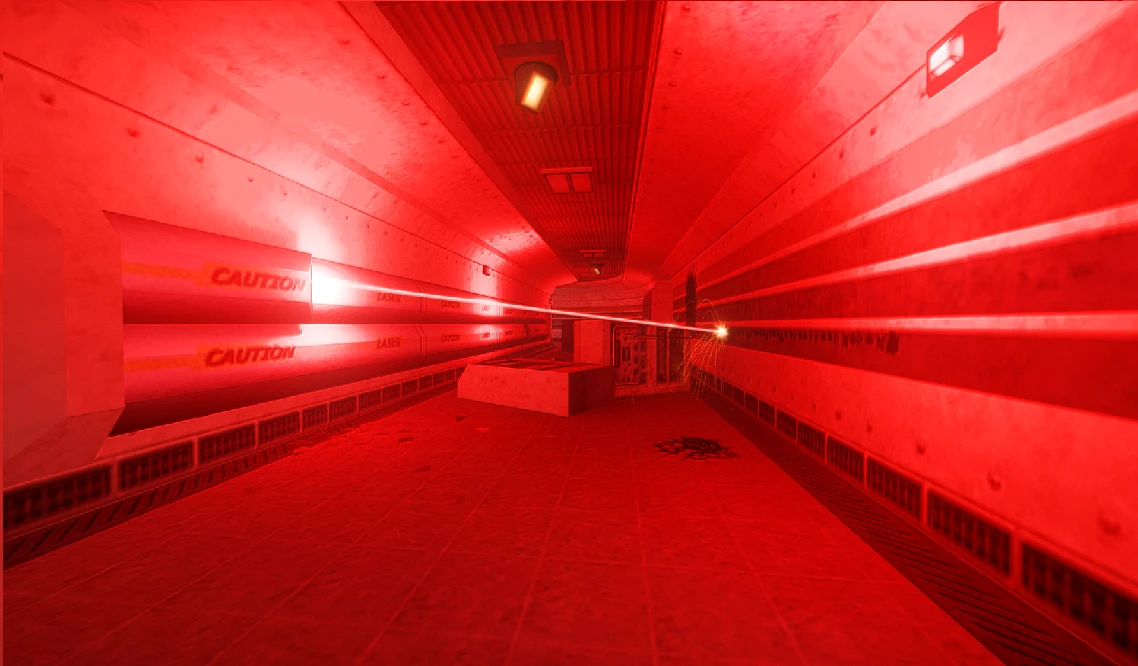 Heller roter Korridor, beleuchtet von mehreren Laserstrahlen mit Warnhinweisen in Half-Life 1