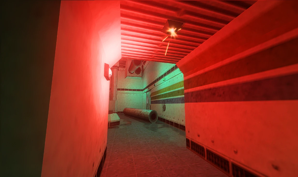 Korridor in Half-Life mit roter und grüner Beleuchtung, verbessert durch Better Graphics Mod für Sultim-T RTX