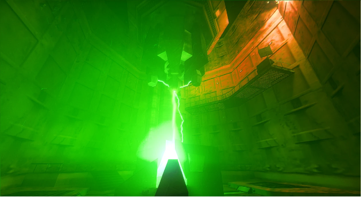 Hellgrüner leuchtender Energiekern mit elektrischen Bögen in einer Sci-Fi-Kammer aus dem Better Graphics Mod für Half-Life 1
