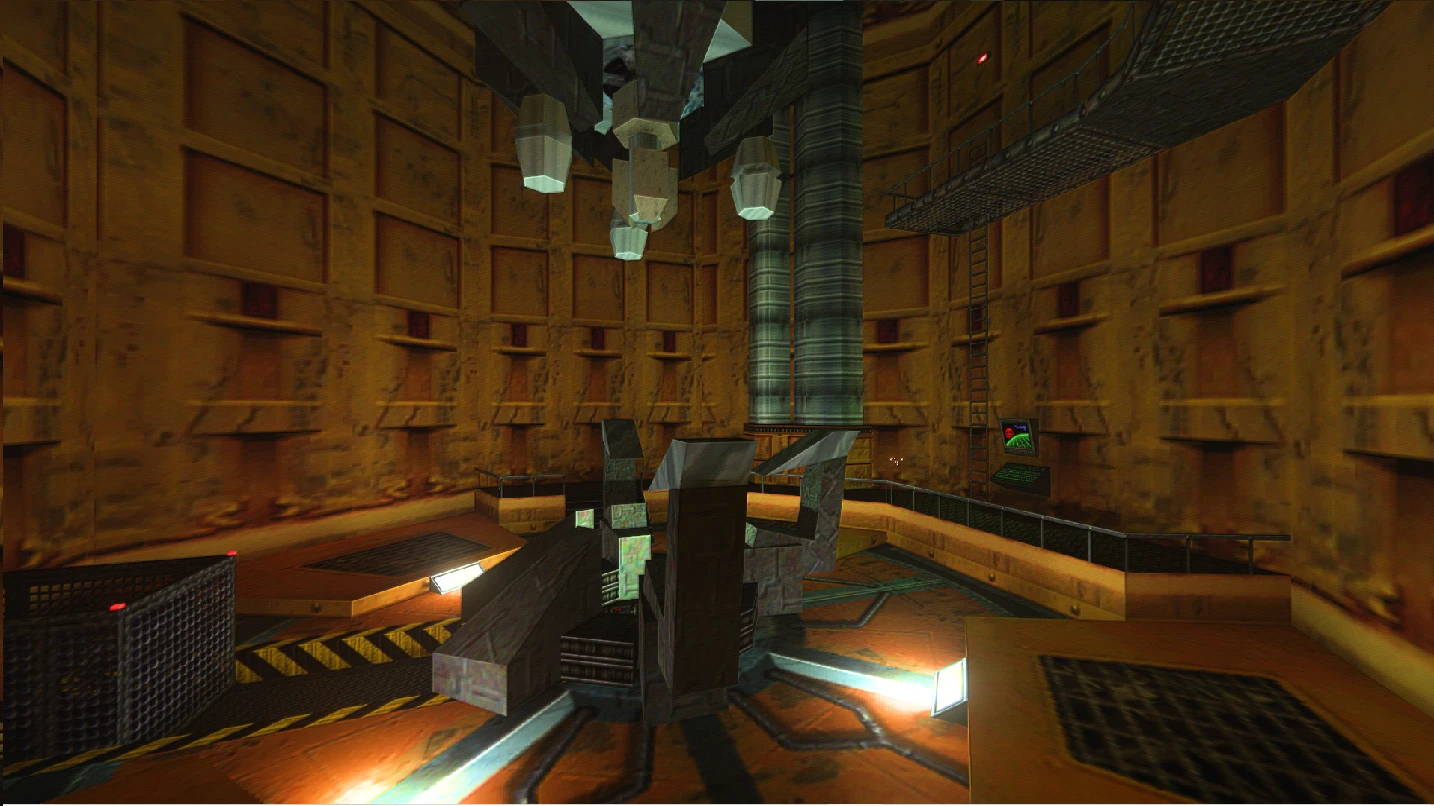 Innenansicht einer futuristischen Sci-Fi-Kammer mit Metallstrukturen und gelb-orangen Wänden im Half-Life 1 Mod